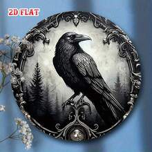 2D Flat Design - 1pc Black Round Metal Tag, Featuring 2D Flat Design Crow Pattern. This 7.8X7.8 Inch Gothic Style Metal Tin Plate Has Mysterious Wall Decor Function, Suitable For Home, Garage, Dining Area Or Cafe - Multicolor - View 2
