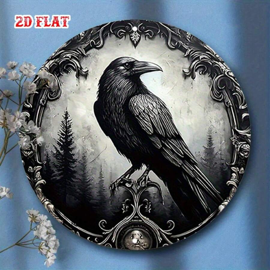 2D Flat Design - 1pc Black Round Metal Tag, Featuring 2D Flat Design Crow Pattern. This 7.8X7.8 Inch Gothic Style Metal Tin Plate Has Mysterious Wall Decor Function, Suitable For Home, Garage, Dining Area Or Cafe