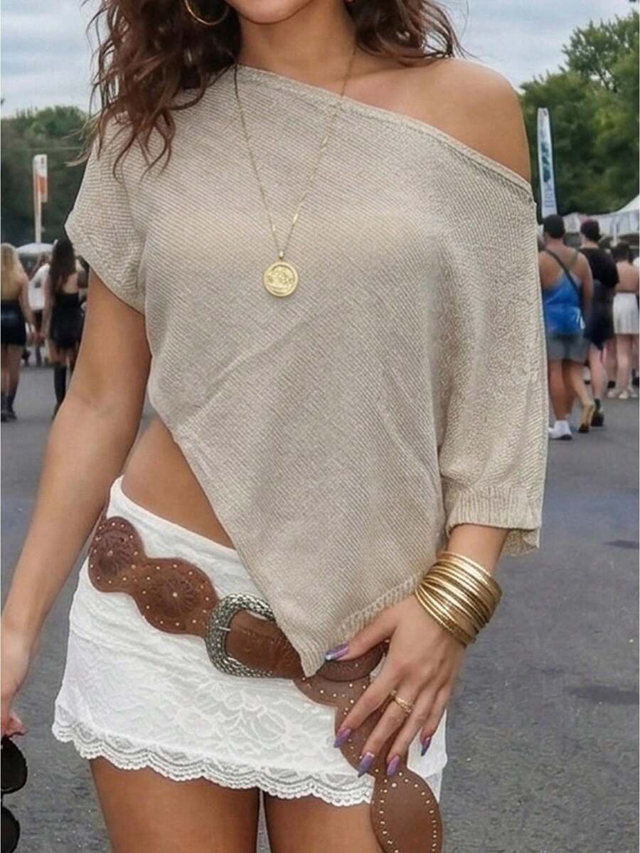 Womens Summer One Shoulder Knit Sheer Poncho Tops Rave Lightweight Asymmetric Shrug Beach Cover Up Tops - Khaki - View 1