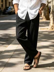 Pantalones largos casuales de lino de unicolor y estilo minimalista para hombre, pantalones rectos holgados para vacaciones en la playa y uso diario - Negro - Ver 2