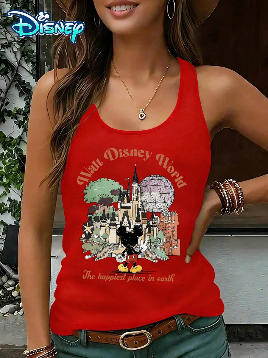 Disney Official Authorization | Women's Casual Round Neck Sleeveless Vest. Taking Walt Disney World As The Theme, Combined With Park Landmarks And Mickey Elements, It Is Full Of Commemorative Significance. It Is An Exclusive Item For Theme Park Travel And An Ideal Choice For Recording Beautiful Memories. - Đỏ - Xem 1
