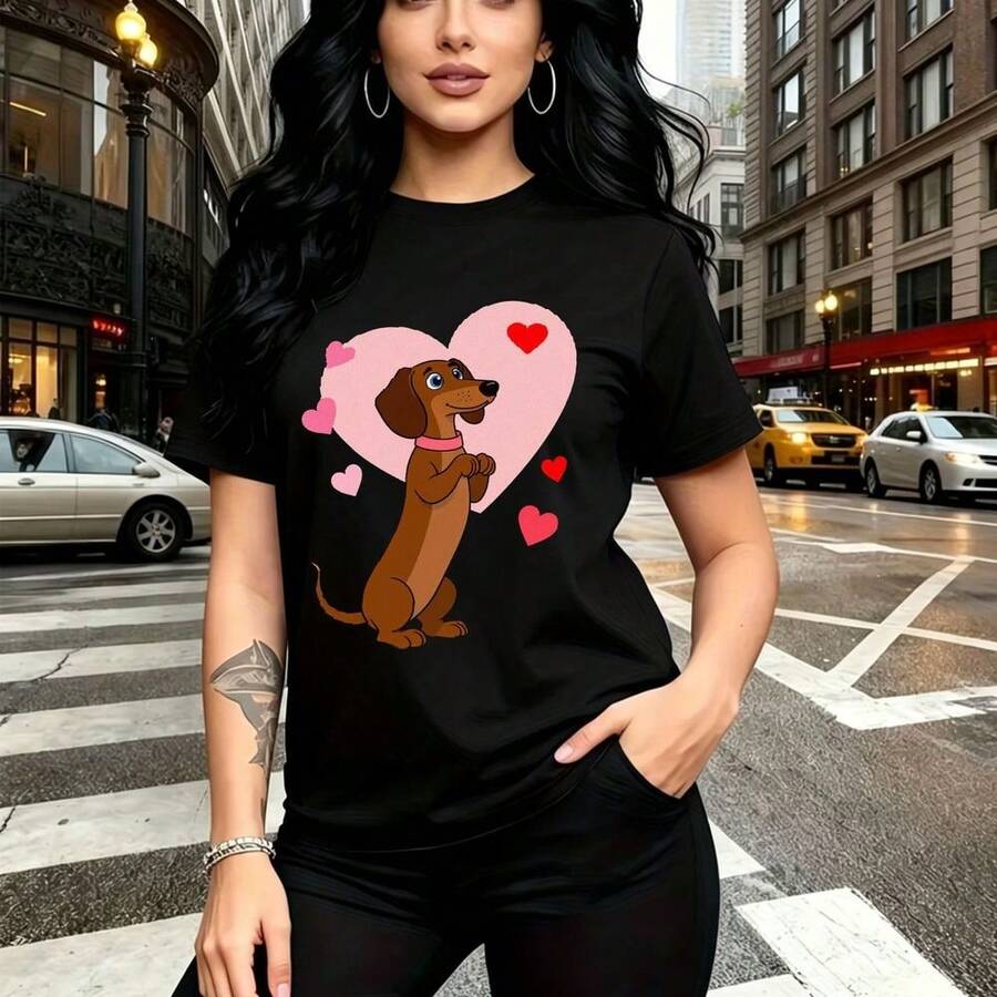 Camiseta de mujer con estampado de perrito Dachshund marrón sentado frente a un gran corazón rosa rodeado de corazones rojos - camiseta casual de manga corta con cuello redondo, ajuste cómodo y estilo urbano divertido - ideal para tardes en la ciudad - Negro - Ver 1