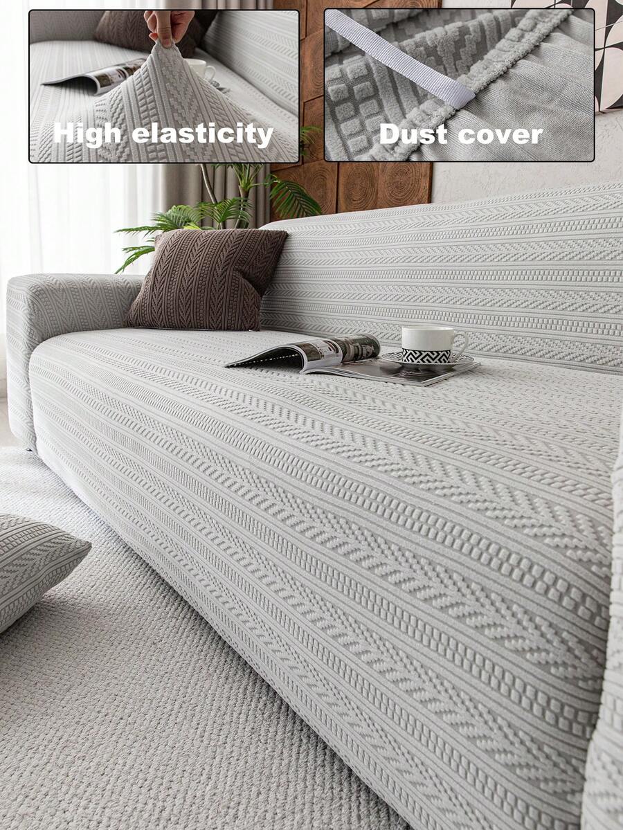 1pc Solid Color Plush Stretch Sofa Cover, Geometric Pattern Design, Foam Rod Fixed Anti-Slip Pet Friendly, Suitable For All Seasons Holiday Decor, Fit For Combination Sofa, Chaise Lounge, Straight Sofa - Light Grey - View 1