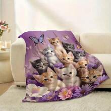 1pc Cute Cat Theme Digital Print Blanket, Cozy Throw Blanket For Cat Movie Watching, Christmas Animal Cat Design Warm Nap Blanket, Gift For Family And Friends - Lavender - View 10