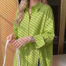 Camisa de unicolor con botones delanteros y bolsillos, adecuada para el hogar, uso diario, primavera, otoño, invierno, casual de todos los días - Verde Lima - Ver 6