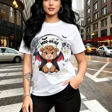 Camiseta de mujer con estampado divertido de vaca vampiro cartoon con alas de murciélago y texto "BOO-NA-HA-HA" - camiseta casual de cuello redondo, ajuste cómodo y estilo urbano alternativo perfecto para calles de la ciudad - ideal para Halloween, D - Blanco - Ver 10