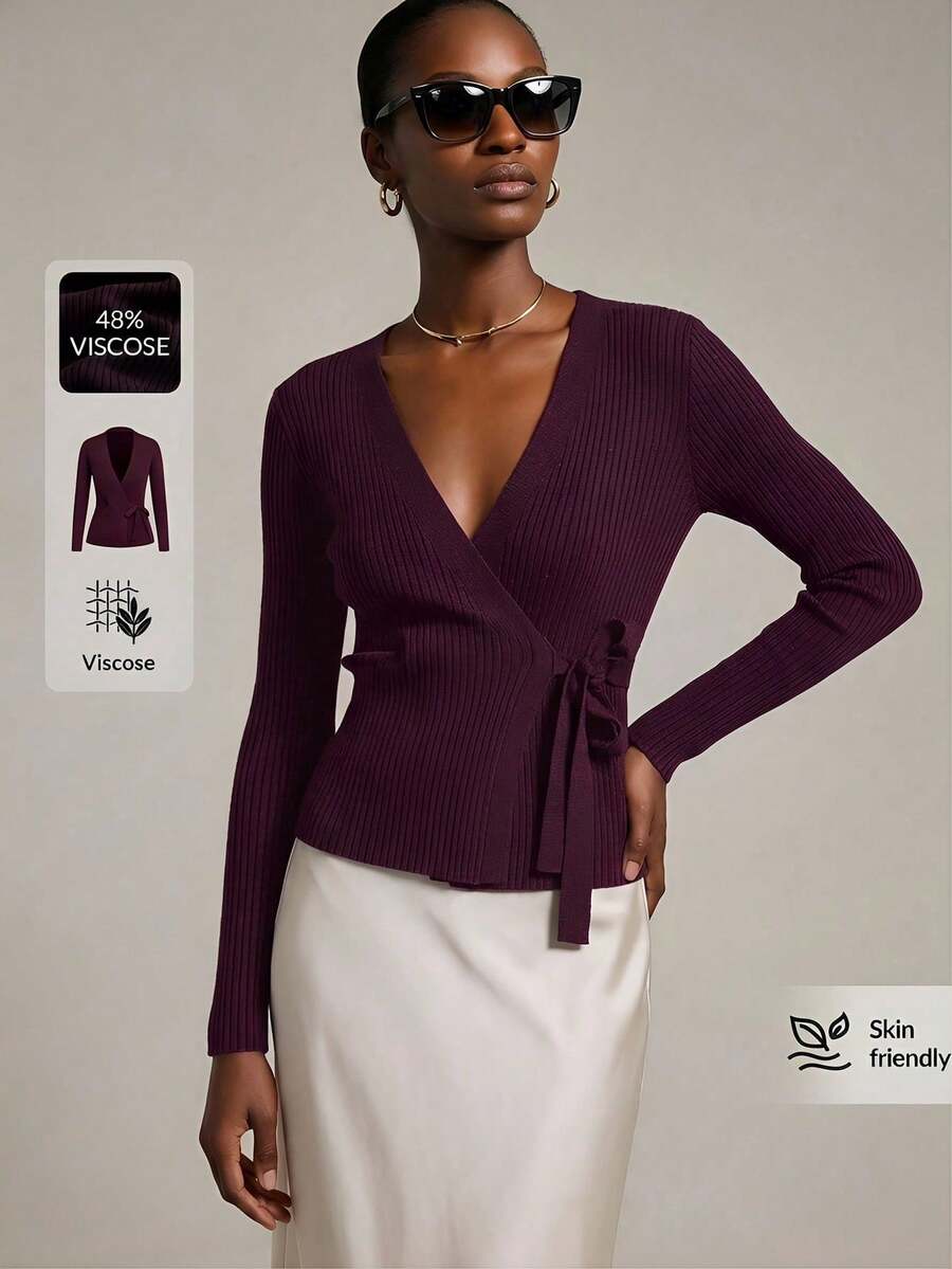 2026 Cárdigan morado con nudo delantero de punto acanalado, estilo casual urbano para mujer, primavera/verano 2026.Atuendo casual de negocios, ropa de oficina, atuendo de maestro, prenda exterior básica para primavera/verano - Rojo violeta - Ver 1
