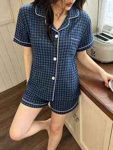 Dreamivo 藍色 & 黑色格紋印花女款短袖睡衣套裝 - 彩色 - 查看 4