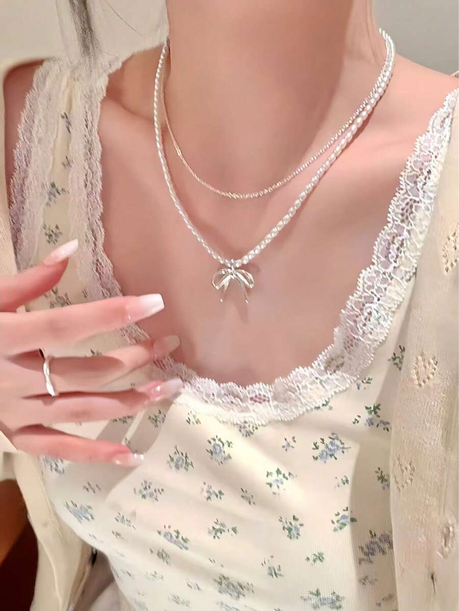 2件組奢華扭曲水晶緞帶珍珠項鍊 S925 純銀吊墜金鍊，適合日常配戴，精緻女款鎖骨鍊飾品