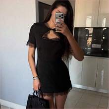 WNS Vestido corto elegante y casual de mujer con mangas cortas, encaje y calado, color negro, adecuado para fiestas, bodas, playa, vacaciones y uso diario en verano - Negro01 - Ver 4