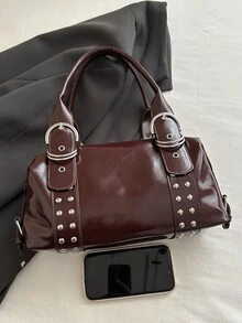 1pc Multi-Functional Rivet Handbag, Vintage Motorcycle Style Rivet Decor PU Leather Shoulder Bag, Punk Rock Underarm Bag, Suitable For Work, Commute, Date, Party And Music Festival - Coffee - View 4