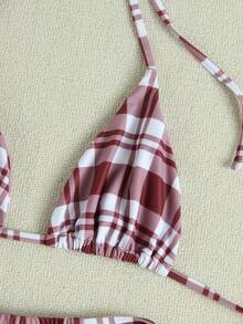 Set Bikini Halter Kotak-kotak Merah & Putih 3 Potong, Penutup Berbentuk Jaring Mengembang, Pakaian Renang Gaya Liburan Seksi - MultiWarna - View 5