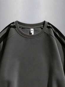 Teen Boys Spring/Autumn Minimalist Fashion Colorblock Arm Double Stripe Accent Ribbed Cuffs Hem Outdoor Casual Crew Neck Sweatshirt - Dark Grey - View 3
