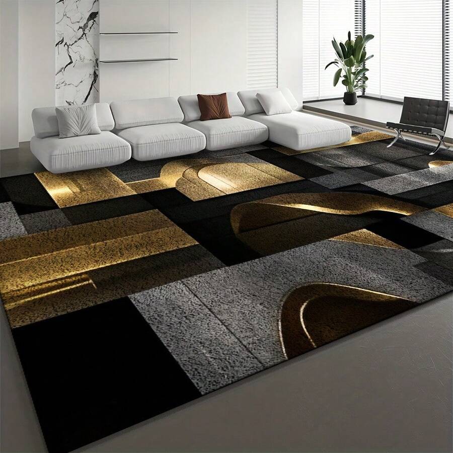 Large Size, Luxurious Soft Rectangular Rug, Modern Minimalist Geometric Metal Pattern Carpet, Black, Gold, And Gray Color Scheme, Soft, Suitable For Living Room, Indoor And Outdoor Spaces, Bedroom, Office, Dining Room, Balcony, - 1PC - View 1