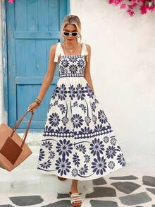 YkhahaYkhahaVivid Eden Vestido de tirantes finos con estampado tejido para mujeresYkhahaYkhaha - Azul y blanco 2 - Ver 1