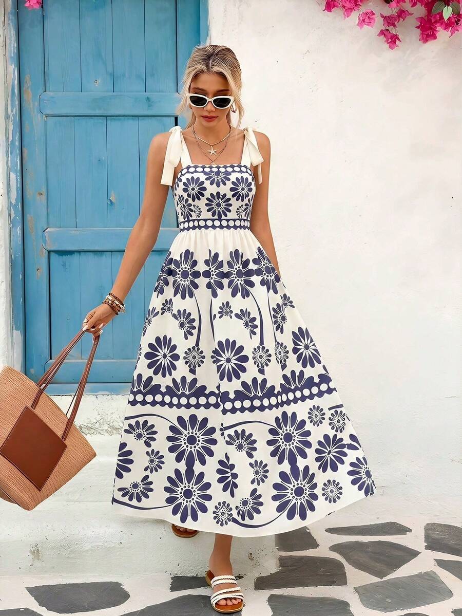 YkhahaYkhahaVivid Eden Vestido de tirantes finos con estampado tejido para mujeresYkhahaYkhaha - Azul y blanco 2 - Ver 1