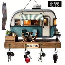 2D Flat Vintage Trailer Key Chain Holder - Country Style Wall Decor With Hook, Farmhouse Entryway Storage Rack - Wood Key Organizer For Living Room, Porch, Cabin - Medieval Modern Home Decor - Housewarming Gift, 2D Flat Design - C - View 2