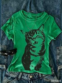 2026 Women's Sports T-Shirts, Short Sleeve Round Neck T-Shirt For Women, Printed, Breathable, Comfortable And Loose Fit, Full Season Fashion. - 綠色 - 查看 1