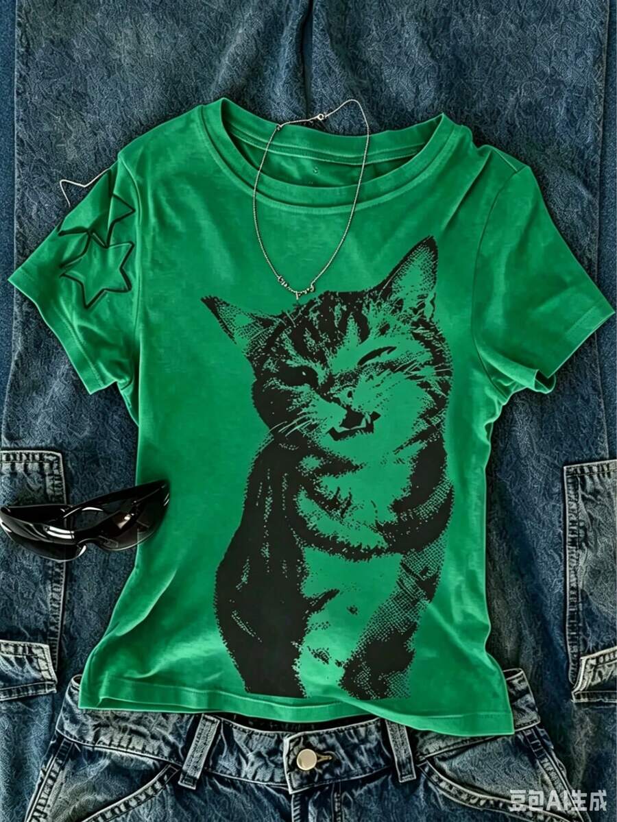 2026 Women's Sports T-Shirts, Short Sleeve Round Neck T-Shirt For Women, Printed, Breathable, Comfortable And Loose Fit, Full Season Fashion. - 綠色 - 查看 1