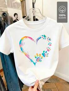 100% Multicolor T-Shirt With Paw And Heart Design - [White] - View 4
