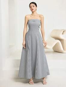 Vestido casual sin tirantes de mujer con rayas y cintura ajustada, para el verano - Gris - Ver 1