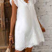 Frenchy Vestido de mujer con mangas con volantes, parches de encaje y bordado de ojal texturizado - Blanco - Ver 5