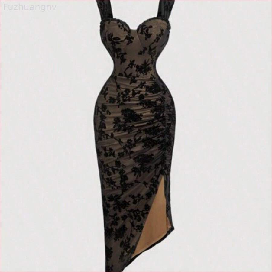 WNS MOD Vestido con estampado floral, plisado y dobladillo asimétrico con abertura, vestidos en tonos pastel para mujer - Albaricoque - Ver 1
