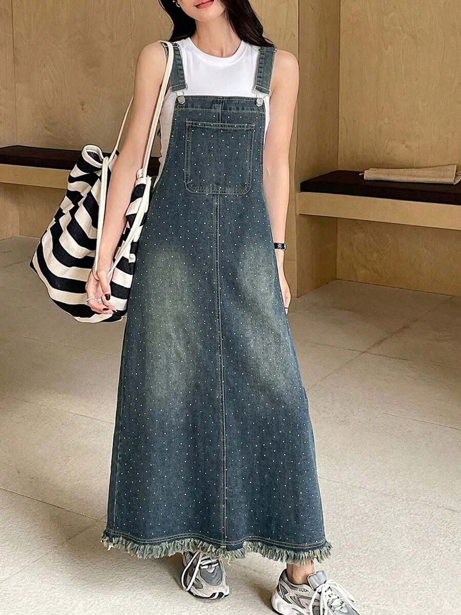 Vestido vaquero casual de mujer con tirantes anchos, bolsillos y botones, vestido largo tipo sundress - Agua verde azul - Ver 1
