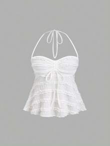 Casual Solid-Color Tank Top With Drawstring And Front Knot, Summer - White - View 1