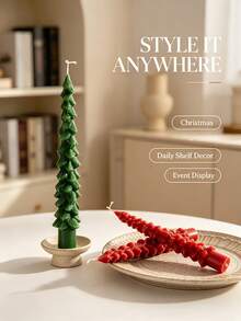 Set de 2 velas de árbol de Navidad, decoración navideña roja y verde. Velas realistas vintage hechas a mano reutilizables con brillo para mesa festiva, repisa de chimenea, sala de estar, decoración del hogar interior. Regalo de Feliz Navidad y Año Nuevo. Árboles artificiales rústicos de Navidad de invierno. - Vela larga cónica con forma de árbol de Navidad en 3D - Ver 8