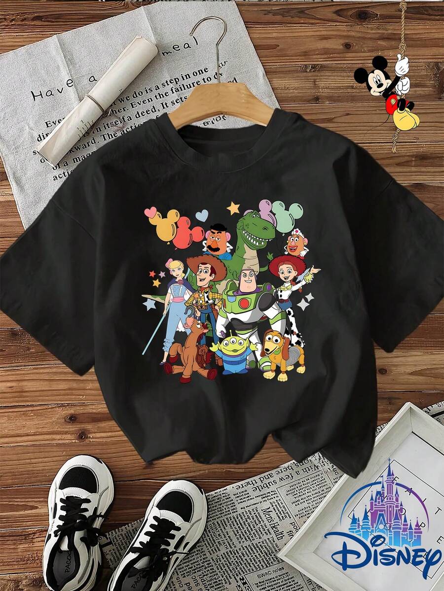 Disney Women's Toy Story T-Shirt-Role Family Photo Balloon Printed Front Piece, Soft And Breathable Short-Sleeved Round Neck Shirt, Spring And Summer Casual Shirt, Suitable For Daily Wear/Theme Party, Machine Washable Adult Size, Childlike Shirt, Excellent Gift. - màu đen - Xem 1