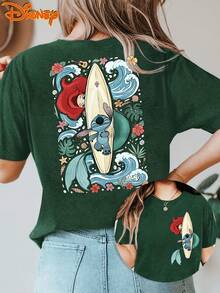 (Disney T Shirts)Disney Lilo & Stitch X The Little Mermaid1 Ariel Surf Print With Stitch On Surfboard, Tropical Flowers, Waves And Ukulele Accents Washed Black Cotton Crew Neck Short Sleeve Graphic Tee Women's Beach Vacation Casual Everyday Comfortable Top, Camisas Para Mujer, Camisetas, Disney Women T Shirts, Camisa, Graphic Tee, Cotton T Shirt, Camisetas, Summer Outfits For Women, Vacation Outfits Women, Summer Tops, Summer Clothes, Tops, Concert Outfits, Outfits For A Day Out At Disneyland, A Gift For Disney Fans, Party Outfits, Summer Clothes, Officially Licensed Disney T-Shirts, Disney Men's And Women's Spring/Summer Fashion Casual Short-Sleeve T-Shirts - Green - View 1