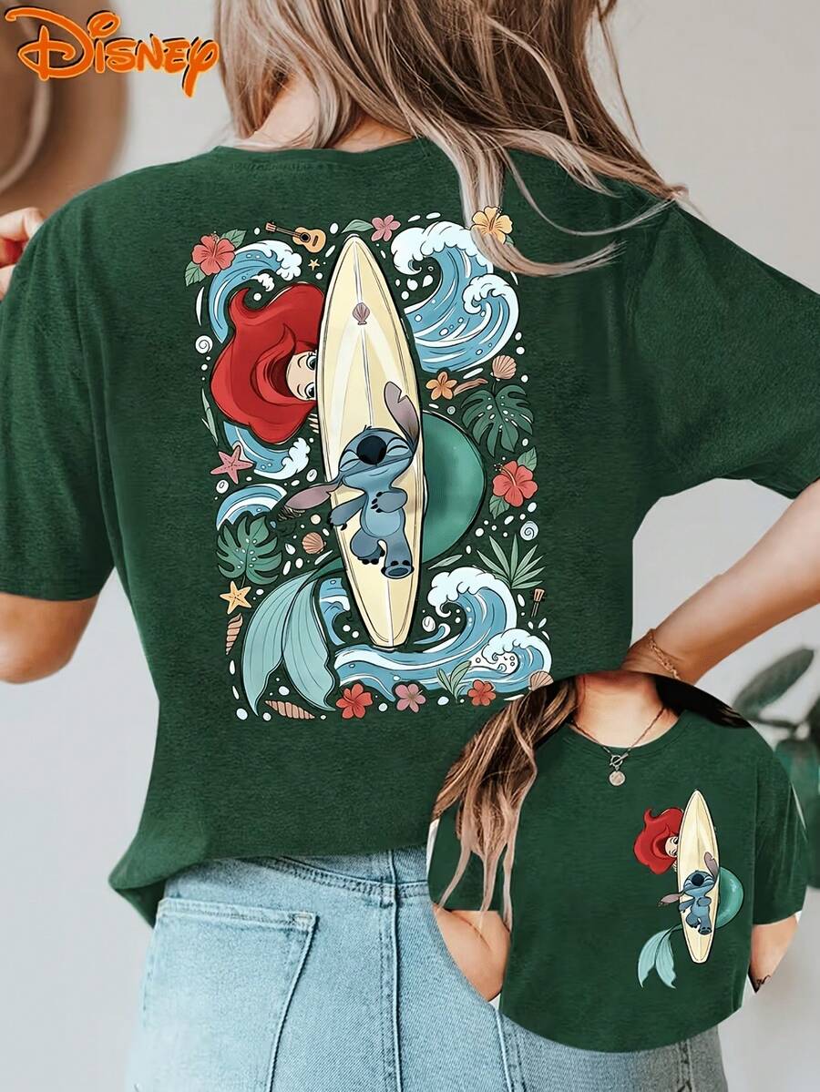 (Disney T Shirts)Disney Lilo & Stitch X The Little Mermaid1 Ariel Surf Print With Stitch On Surfboard, Tropical Flowers, Waves And Ukulele Accents Washed Black Cotton Crew Neck Short Sleeve Graphic Tee Women's Beach Vacation Casual Everyday Comfortable Top, Camisas Para Mujer, Camisetas, Disney Women T Shirts, Camisa, Graphic Tee, Cotton T Shirt, Camisetas, Summer Outfits For Women, Vacation Outfits Women, Summer Tops, Summer Clothes, Tops, Concert Outfits, Outfits For A Day Out At Disneyland, A Gift For Disney Fans, Party Outfits, Summer Clothes, Officially Licensed Disney T-Shirts, Disney Men's And Women's Spring/Summer Fashion Casual Short-Sleeve T-Shirts - Green - View 1