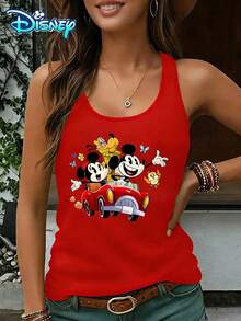 Disney Official Authorization | Women's Casual Round Neck Sleeveless Vest. Featuring Mickey, Minnie, And Pluto, Paired With A Vintage Red Convertible Print, It Is Lively And Full Of Fun. It Is An Age Reducing Item For Daily Wear And An Ideal Choice For Creating A Dynamic Look. - Đỏ - Xem 1