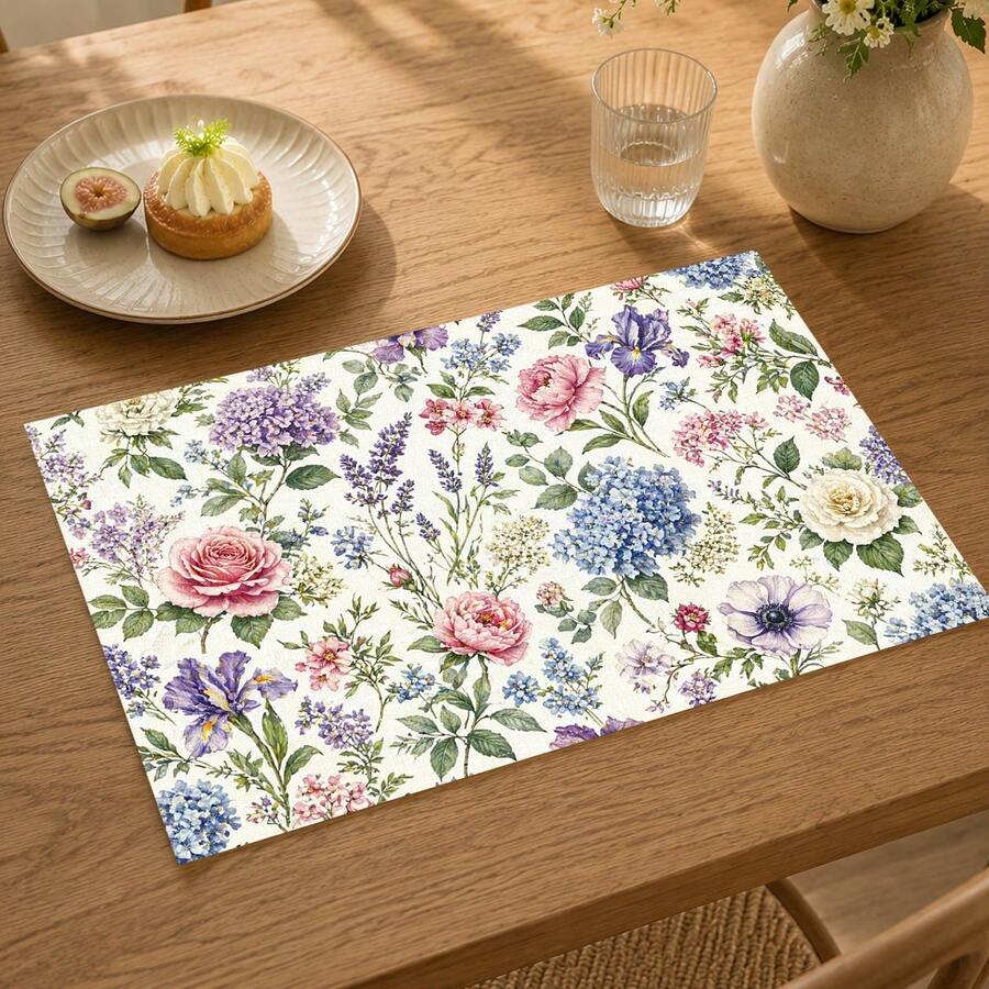1pc Floral Pattern Linen Placemat, Breakfast Mat, Coffee Mat, Cup Coaster, Bowl & Plate Mat, Kitchen Accessory, Easy To Clean, Suitable For Home, Restaurant, Restaurant Decor, Holiday Gift, Gift For Friends, Multi-Piece Set - Multicolor - View 1