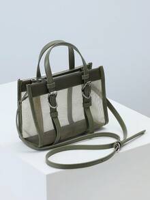 New Arrival Mesh Handbag Hollow Design Crossbody Bag Mesh Splicing Holiday Bag Casual Shoulder Bag Beach Bag Wallet - Olive Green - View 3