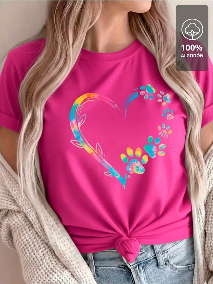 100% Multicolor T-Shirt With Paw And Heart Design - Red Rose - View 1