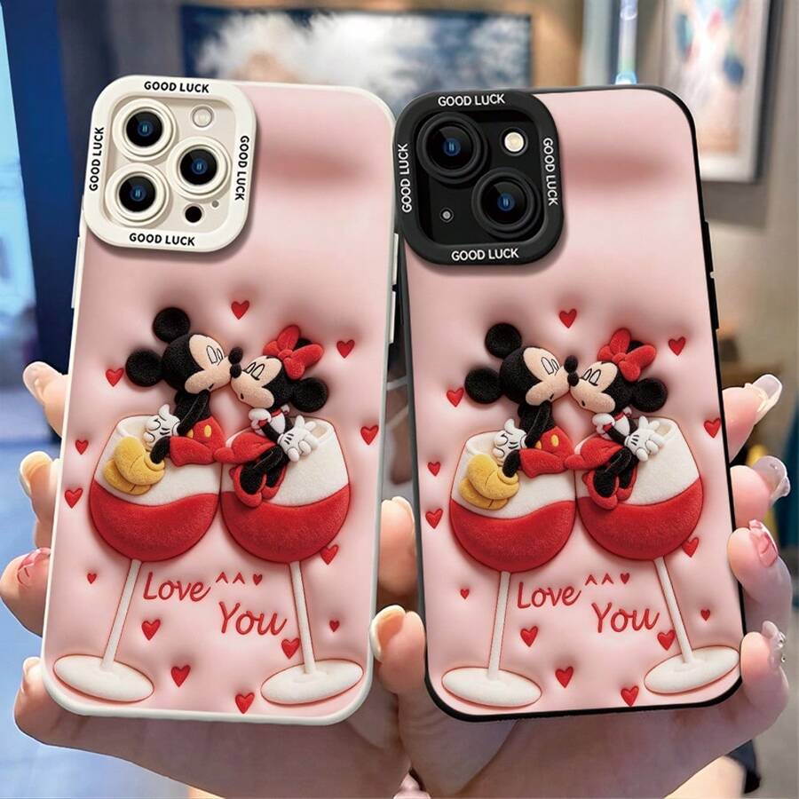 Disney Mickey & Minnie Mouse Shockproof Phone Case, Plush‑Style Wine Glass Heart Texture, Compatible With IPhone 17,16,15,14,13,12,11 Pro, Pro Max, Plus, Perfect Gift For Birthday, Holiday, Valentine's Day For Family, Friends, Boyfriend & Girlfriend - màu đen - Xem 1