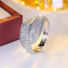 1 pieza Anillo vintage glamuroso de doble hoja con incrustación completa de circonita para mujer, accesorio elegante para fiestas y reuniones con textura premium - anillo - Ver 8