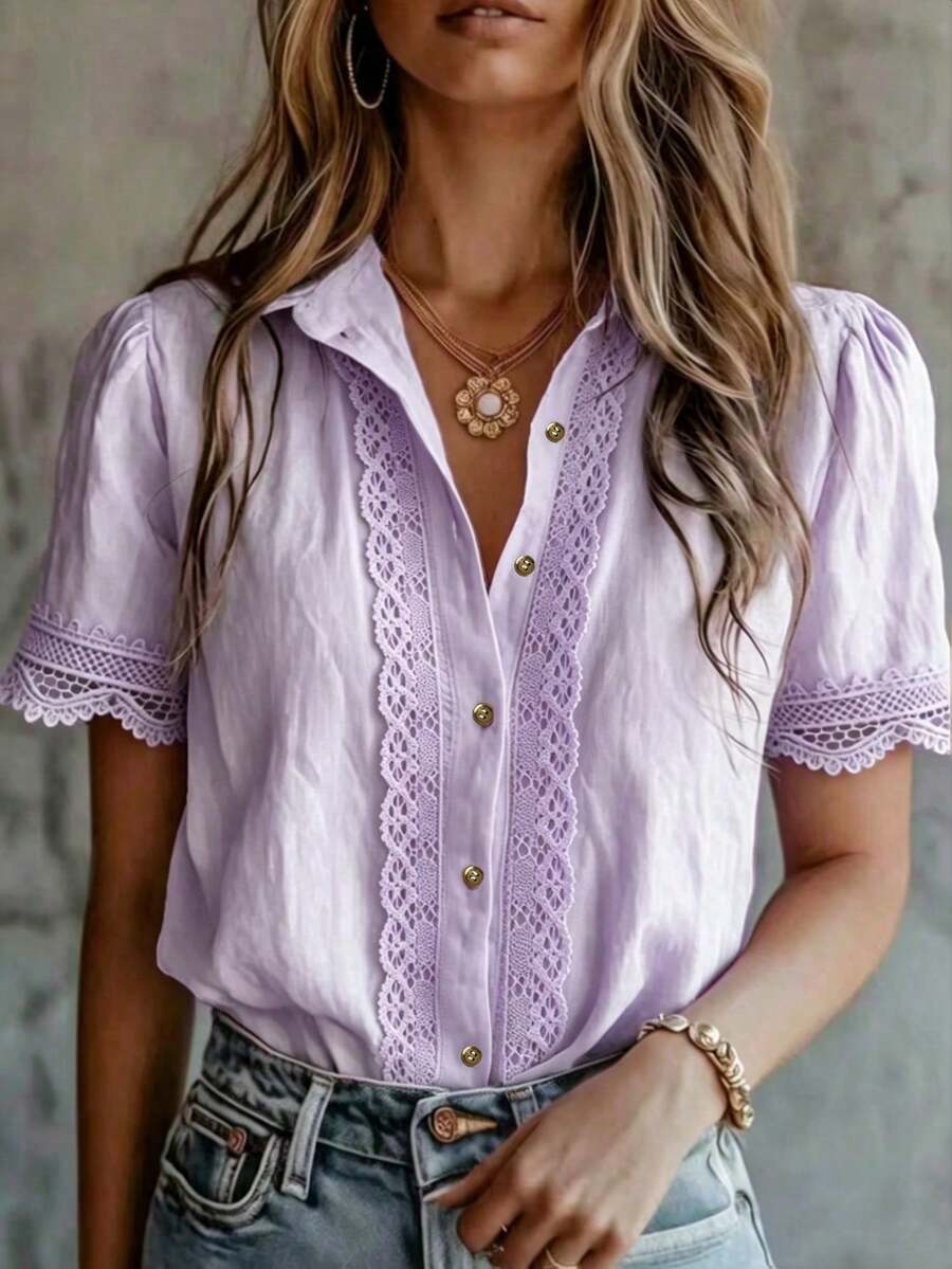 Elegant Women's Solid Color Embroidered Lace Patchwork Blouse, Versatile For Home, Daily Wear, All Seasons Summer - Mauve Purple - View 1