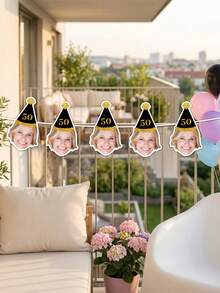 6/12/18pc Custom Face Happy Birthday Banner Pulling Flag, Personalized 20th,30th,40th,50th,60th Birthday Banner, Birthday Hat Design,Party Decor Backdrop, Perfect For Birthday Party, Family Gathering, Holiday Celebration, Photo Shooting Decor - Multicolor - View 6