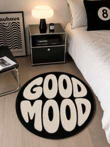 2D Original Design Velvet Carpet - English Letter Black And White "Good Mood" Text Round Design, Suitable For Door Mat, Living Room, Bedroom, Holiday Home Decor, Modern Style, Material - Black and White - View 4