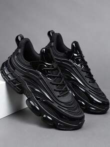 Men's 2026 Newest All Black Thick Sole Chunky Sneakers, Height Increasing Shock Absorbing Breathable Mesh Sports Shoes, Streetwear Versatile Men's Shoes, Leather PU Mesh Splicing Marathon Running Shoes, Men's Plus Size 46 Shoes, Youth Handsome Men's Shoes - Black - View 3