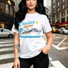 Camiseta de mujer con estampado "Cruise Squad 2025" con barco, delfín y palmeras - diseño colorido y divertido para cruceros, ajuste cómodo y casual, estilo urbano ideal para el Día de la Madre, San Valentín, cumpleaños o regalo perfecto para mamá, e - Blanco - Ver 9