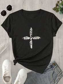 Top de mujer de manga corta y cuello redondo con estampado de conchas marinas en forma de cruz, apto para todas las estaciones. - Negro - Ver 1