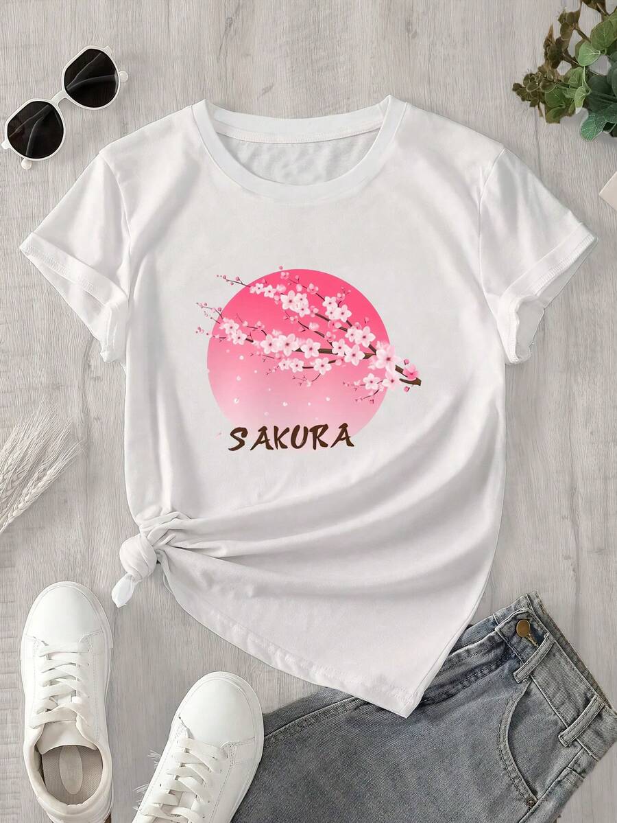 Camisa de mujer de manga corta y cuello redondo con diseño de taza de café y estampado de cerezos en la espalda, apta para todas las estaciones. - Blanco - Ver 1