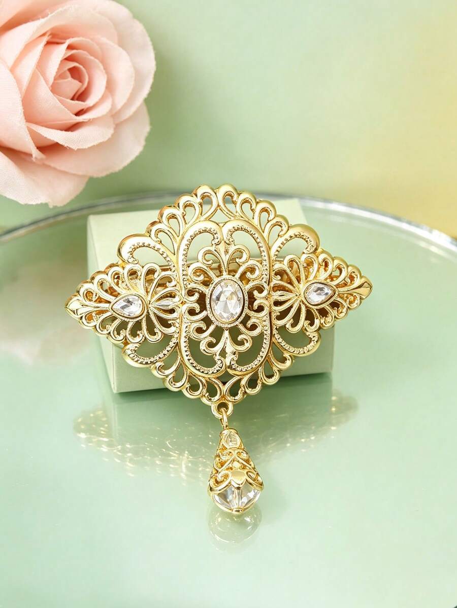 1pc French Luxury Style Gold-Plated Hollow Floral Teardrop Brooch Pin, Elegant Accessory For Women's Wedding, Party, And Holiday Outfits - Multicolor - View 1