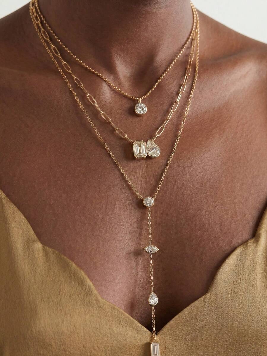 Waterproof Stainless Steel Layered Necklace Set Toi Et Moi CZ Pendant Paperclip Chain Y-Lariat Deep V Summer Evening Jewelry - Yellow Gold - View 1