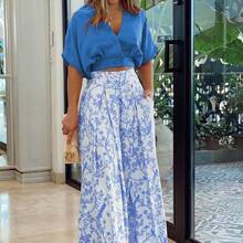 Conjunto blusa y pantalón ancho primavera, cuello V con estampado - Azul - Ver 12