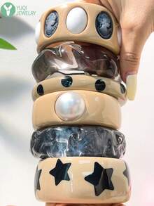 1 pieza Nuevo brazalete de resina color latte de otoño/invierno, hecho a mano con múltiples elementos, decoración con remaches a rayas, esencial para uso diario y de fiesta, gran regalo para familiares y amigos - Multicolor D - Ver 3